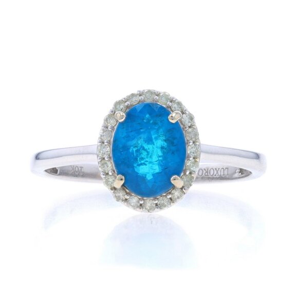 White Gold Apatite & Diamond Halo Ring - 10k Oval 2.10ctw